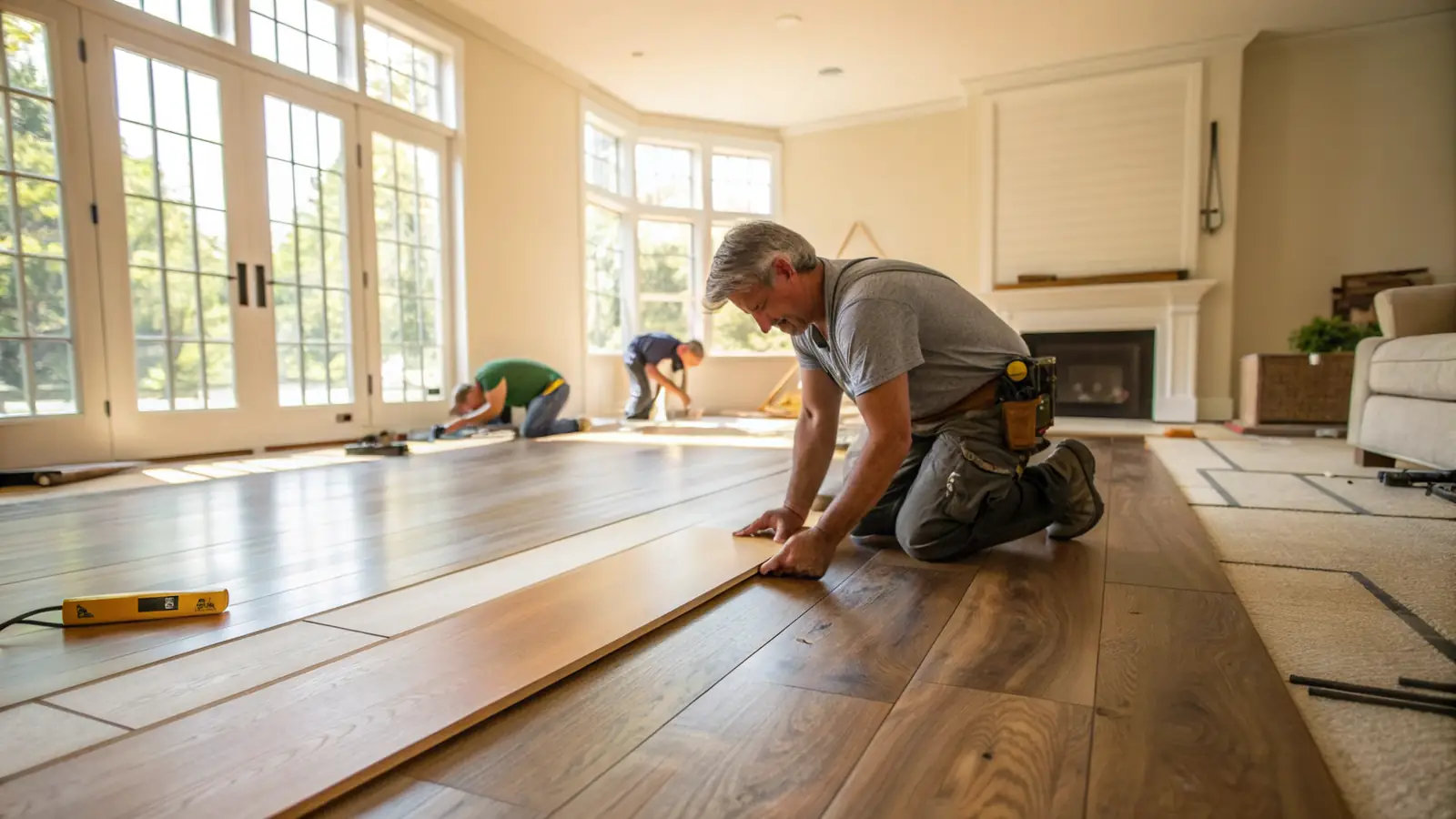 Flooring pro at work on a home project